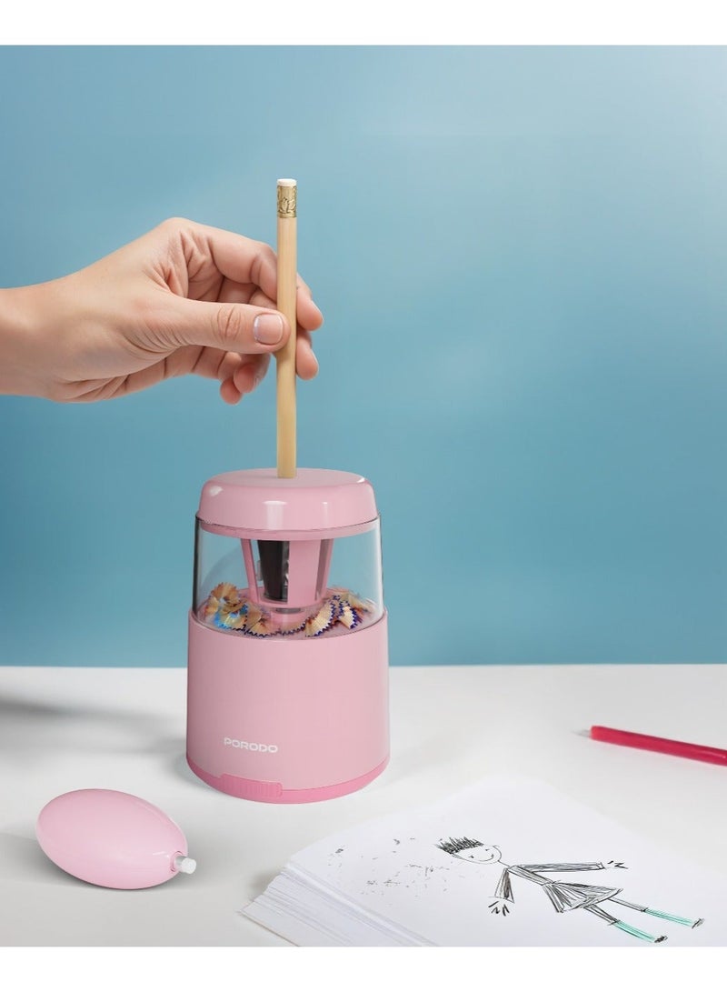 porodo Electric Sharpener for Kids & Vacuum Stationary Set for Girls / Automatic Pencil Cutter / Child-Friendly Design / Rechargeable Sharpener - Pink - Image 2